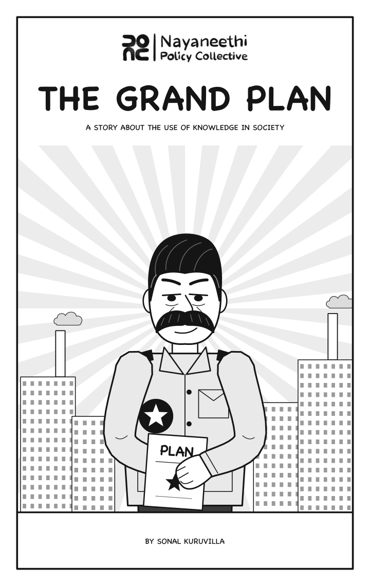 The Grand Plan comic cover: a leader in uniform holding a document labelled Plan, in front of factory buildings